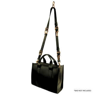 The V3RSE Strap - Convertible Handbag Strap to Collar, Cuffs & Connector Set - Black Leather with Gold Lockable Buckles & Square Padlocks
