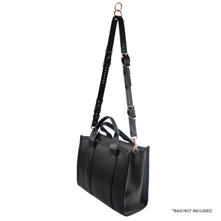 The V3RSE Strap - Convertible Handbag Strap to Collar, Cuffs & Connector Set - Black Leather with Rose Gold Standard Buckles