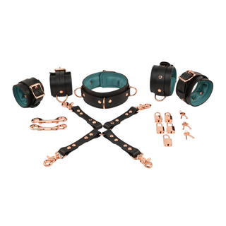 Black and Teal Green Leather Padded Bondage Restraint Set - Collar, Wrist and Ankle Cuffs, Connectors & Locks - Rose Gold Hardware