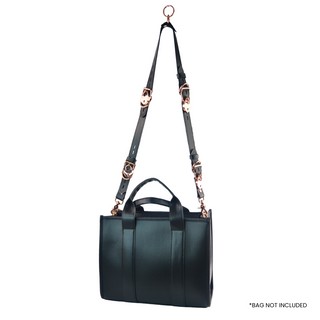 The V3RSE Strap - Convertible Handbag Strap to Collar, Cuffs & Connector Set - Black Leather with Rose Gold Lockable Buckles & Love Heart Padlocks