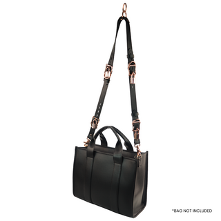 The V3RSE Strap - Convertible Handbag Strap to Collar, Cuffs & Connector Set - Black Leather with Rose Gold Lockable Buckles & Square Padlocks