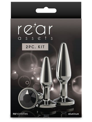 Rear Assets Tapered Metal Anal Trainer Kit – Gunmetal Black with Black Round Gem