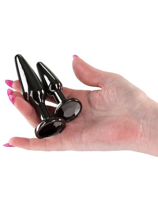 Rear Assets Tapered Metal Anal Trainer Kit – Gunmetal Black with Black Round Gem
