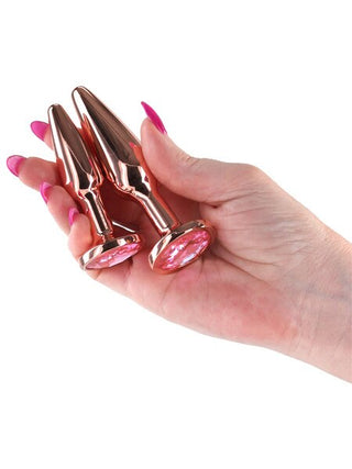 Rear Assets Tapered Metal Anal Trainer Kit – Rose Gold with Pink Round Gem