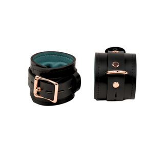 Black and Teal Green Leather Padded Restraint Set - Collar, Wrist, Ankle and Thigh Cuffs, Connectors & Locks - Rose Gold Hardware