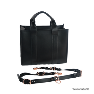 The V3RSE Strap - Convertible Handbag Strap to Collar, Cuffs & Connector Set - Black Leather with Rose Gold Standard Buckles