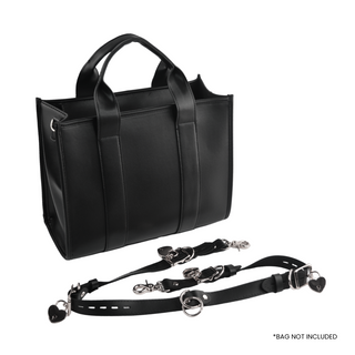 The V3RSE Strap - Convertible Handbag Strap to Collar, Cuffs & Connector Set - Black Leather with Silver Lockable Buckles & Love Heart Padlocks