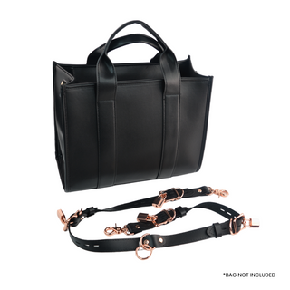 The V3RSE Strap - Convertible Handbag Strap to Collar, Cuffs & Connector Set - Black Leather with Rose Gold Lockable Buckles & Square Padlocks