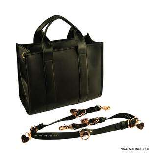 The V3RSE Strap - Convertible Handbag Strap to Collar, Cuffs & Connector Set - Black Leather with Gold Lockable Buckles & Love Heart Padlocks