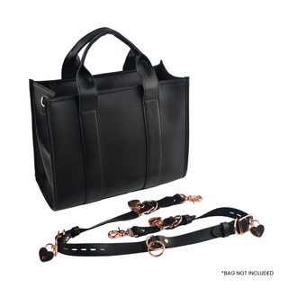 The V3RSE Strap - Convertible Handbag Strap to Collar, Cuffs & Connector Set - Black Leather with Rose Gold Lockable Buckles & Love Heart Padlocks