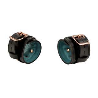 Black and Teal Green Leather Padded Restraint Set - Collar, Wrist, Ankle and Thigh Cuffs, Connectors & Locks - Rose Gold Hardware
