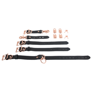 The V3RSE Strap - Convertible Handbag Strap to Collar, Cuffs & Connector Set - Black Leather with Rose Gold Lockable Buckles & Square Padlocks