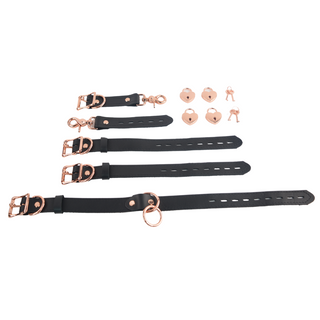 The V3RSE Strap - Convertible Handbag Strap to Collar, Cuffs & Connector Set - Black Leather with Rose Gold Lockable Buckles & Love Heart Padlocks