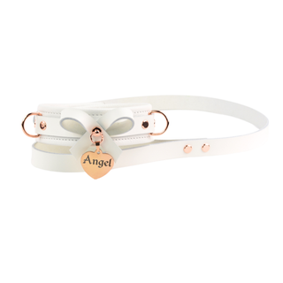 All White Leather Bow Premium BDSM Collar & Leash with Custom Engraved Pendant