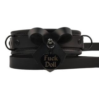 Premium Black Leather BDSM Bow Collar with Custom Engraved Black Pendant and Leash