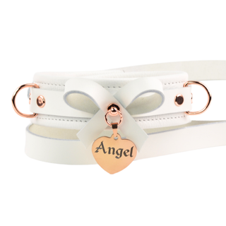 All White Leather Bow Premium BDSM Collar & Leash with Custom Engraved Pendant