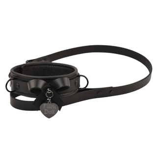 Premium Black Leather BDSM Bow Collar with Custom Engraved Black Pendant and Leash