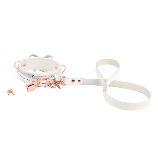 All White Leather Bow Premium BDSM Collar & Leash with Custom Engraved Pendant