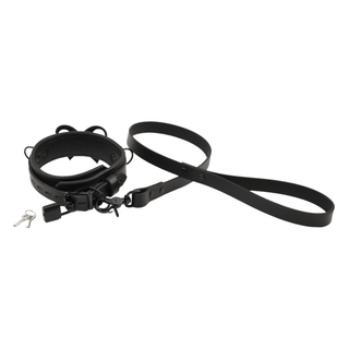 Premium Black Leather BDSM Bow Collar with Custom Engraved Black Pendant and Leash