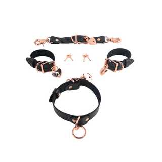 The V3RSE Strap - Convertible Handbag Strap to Collar, Cuffs & Connector Set - Black Leather with Rose Gold Lockable Buckles & Love Heart Padlocks