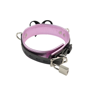 Pink Metallic Leather Premium Restraint Set with Silver Hardware - Wrist & Ankle Cuffs, Custom Engraved Bow Collar & Leash, Cross Connector, Snap Hooks & Padlocks