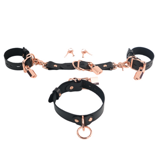 The V3RSE Strap - Convertible Handbag Strap to Collar, Cuffs & Connector Set - Black Leather with Rose Gold Lockable Buckles & Square Padlocks