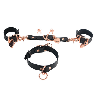 The V3RSE Strap - Convertible Handbag Strap to Collar, Cuffs & Connector Set - Black Leather with Rose Gold Lockable Buckles & Love Heart Padlocks