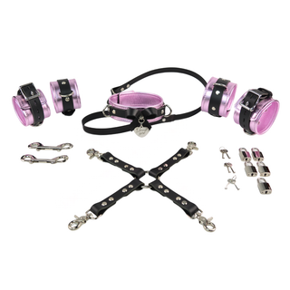 Pink Metallic Leather Premium Restraint Set with Silver Hardware - Wrist & Ankle Cuffs, Custom Engraved Bow Collar & Leash, Cross Connector, Snap Hooks & Padlocks