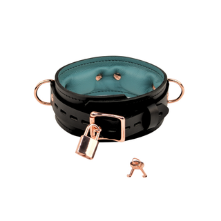 Black and Teal Green Leather Padded Restraint Set - Collar, Wrist, Ankle and Thigh Cuffs, Connectors & Locks - Rose Gold Hardware