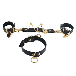 The V3RSE Strap - Convertible Handbag Strap to Collar, Cuffs & Connector Set - Black Leather with Gold Lockable Buckles & Love Heart Padlocks