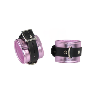 Pink Metallic Leather Premium Restraint Set with Silver Hardware - Wrist & Ankle Cuffs, Custom Engraved Bow Collar & Leash, Cross Connector, Snap Hooks & Padlocks