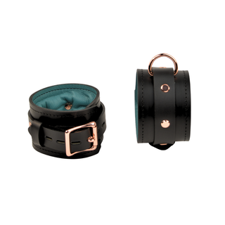Black and Teal Green Leather Padded Restraint Set - Collar, Wrist, Ankle and Thigh Cuffs, Connectors & Locks - Rose Gold Hardware