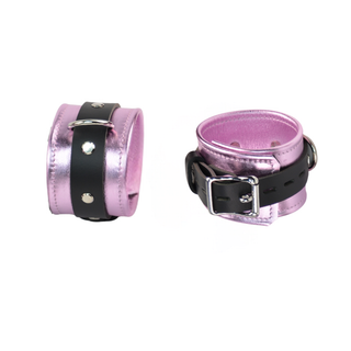 Pink Metallic Leather Premium Restraint Set with Silver Hardware - Wrist & Ankle Cuffs, Custom Engraved Bow Collar & Leash, Cross Connector, Snap Hooks & Padlocks