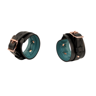 Black and Teal Green Leather Padded Bondage Restraint Set - Collar, Wrist and Ankle Cuffs, Connectors & Locks - Rose Gold Hardware