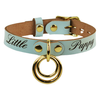 Custom Engraved Leather Dual Ring Collar Aqua Adore Blue Leather with Gold Rose Gold or Silver Hardware