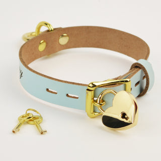 Custom Engraved Leather Dual Ring Collar Aqua Adore Blue Leather with Gold Rose Gold or Silver Hardware