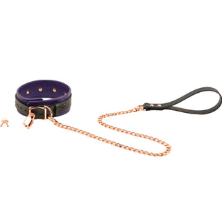 Purple Leather & Rose Gold Premium Bondage Collar With Chain Leash