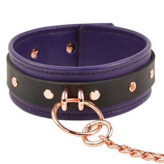 Purple Leather & Rose Gold Premium Bondage Collar With Chain Leash