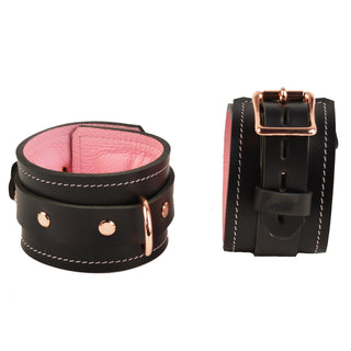 Black and Blush Pink Leather with Rose Gold Bondage Restraint Set | Collar Wrist and Ankle Cuffs, Connectors Locks