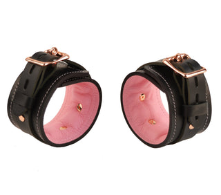 Black and Blush Pink Leather with Rose Gold Bondage Restraint Set | Collar Wrist Ankle and Thigh Cuffs, Connectors Locks
