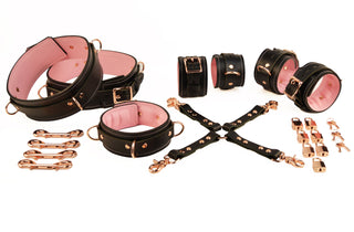 Black and Blush Pink Leather with Rose Gold Bondage Restraint Set | Collar Wrist Ankle and Thigh Cuffs, Connectors Locks
