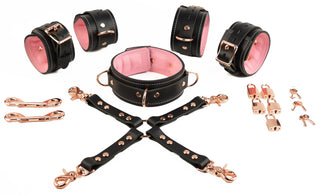 Black and Blush Pink Leather with Rose Gold Bondage Restraint Set | Collar Wrist and Ankle Cuffs, Connectors Locks