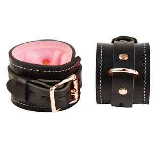 Black and Blush Pink Leather with Rose Gold Bondage Restraint Set | Collar Wrist Ankle and Thigh Cuffs, Connectors Locks