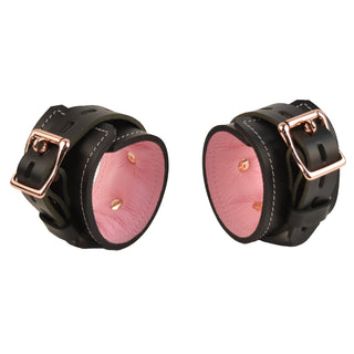 Black and Blush Pink Leather with Rose Gold Bondage Restraint Set | Collar Wrist Ankle and Thigh Cuffs, Connectors Locks