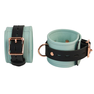 Premium Restraint Set Beautiful Triple Layer Leather Wrist-Ankle Cuffs And Collar - Aqua Adore Blue & Rose Gold