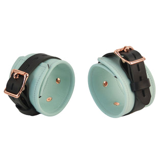 Premium Restraint Set Beautiful Triple Layer Leather Wrist-Ankle Cuffs And Collar - Aqua Adore Blue & Rose Gold