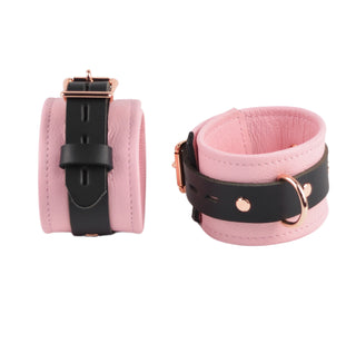 Blush Pink Leather & Rose Gold Restraint Set - Wrist & Ankle Cuffs, Collar, Cross Connector, Snap Hooks & Rose Gold Padlocks