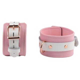 Premium Blush Pink and White Leather & Steel Restraint Set - Wrist, Ankle & Thigh Cuffs, Collar, Cross Connector, Snap Hooks & Padlocks