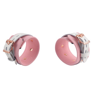 Premium Blush Pink and White Leather & Steel Restraint Set - Wrist, Ankle & Thigh Cuffs, Collar, Cross Connector, Snap Hooks & Padlocks
