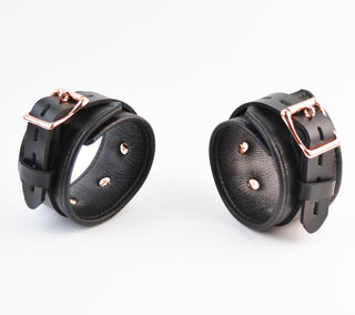 Premium Black Leather & Rose Gold Restraint Set - Wrist, Ankle & Thigh Cuffs, Collar, Cross Connector, Snap Hooks & Padlock
